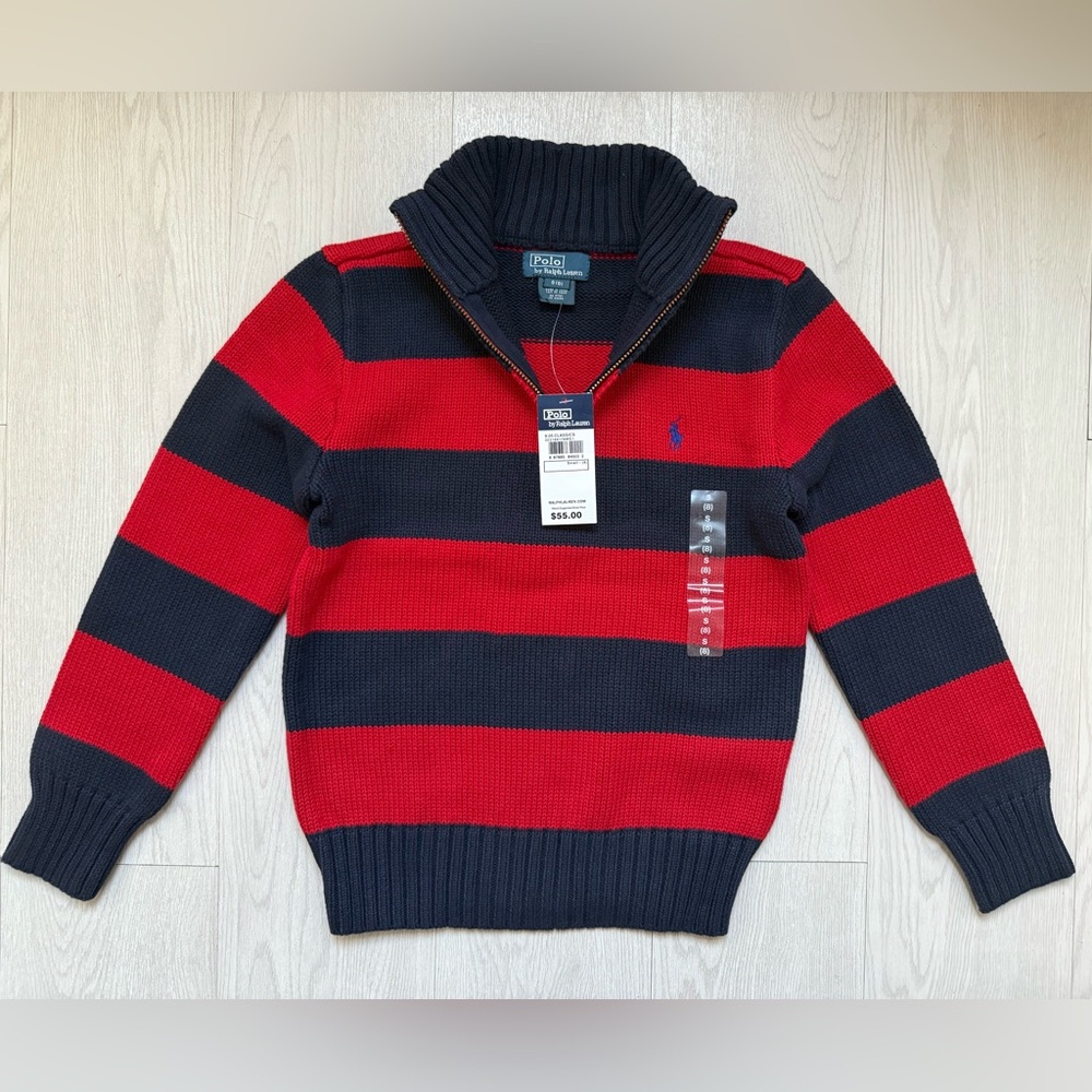 NEW! Polo Ralph Lauren Red & Navy Striped 1/4 Zip Sweater! NEW + TAGS! Sz 8